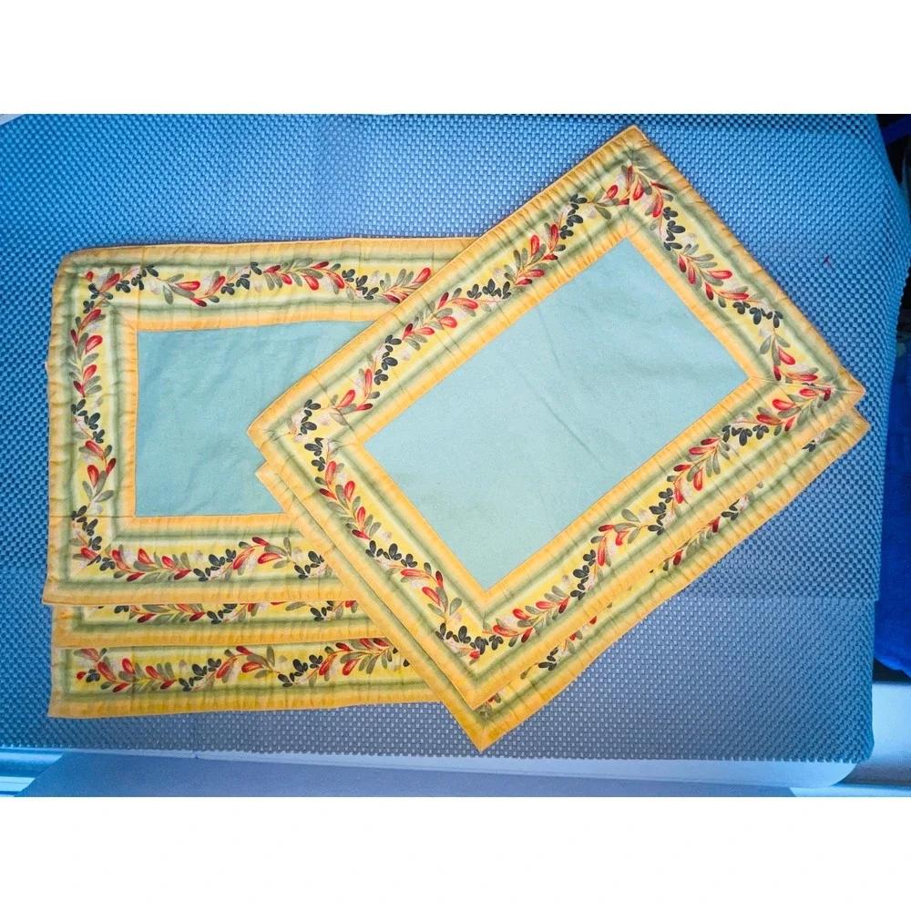 Quilted Cotton Placemats Sage Green Yellow Vine Border Reversible 13x18 Set of 5